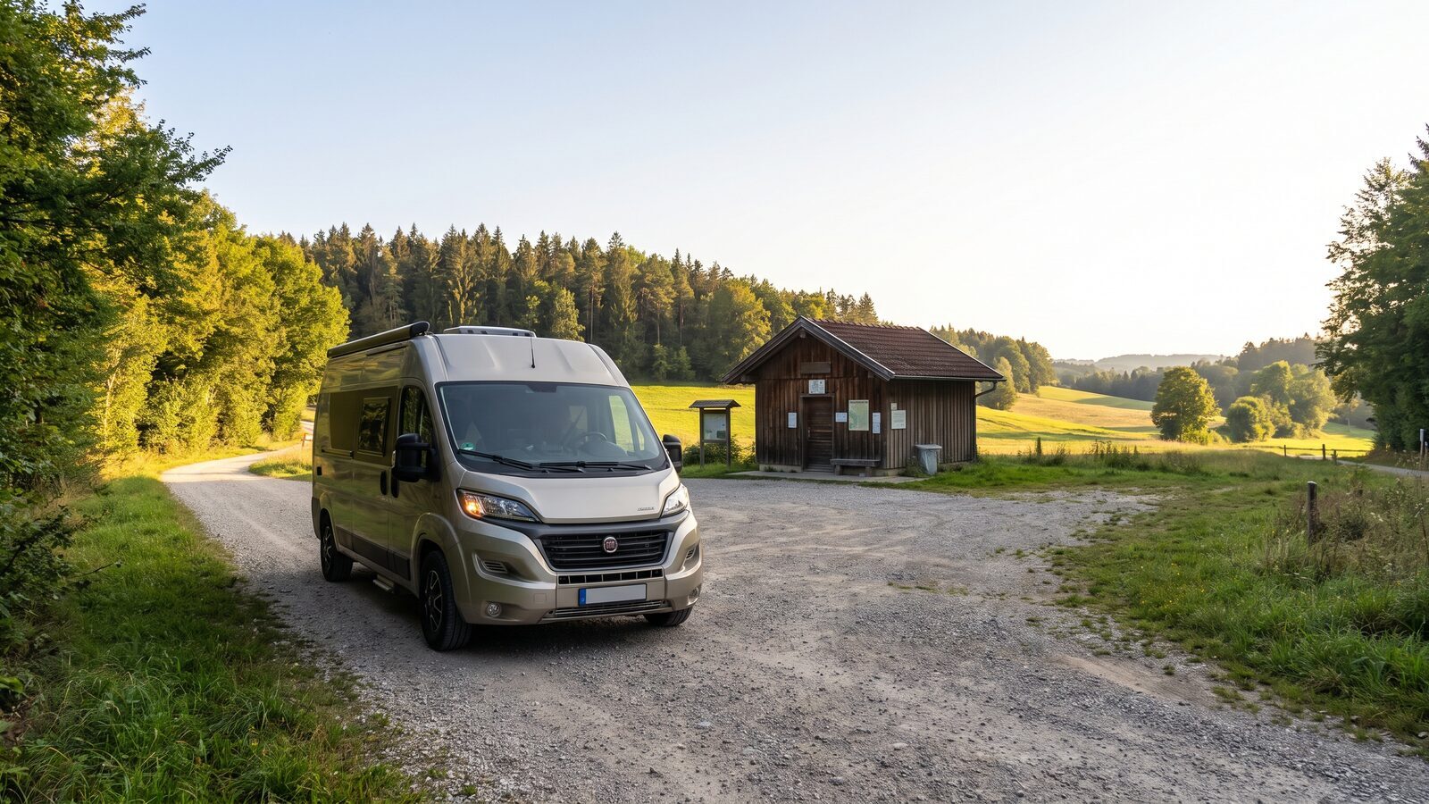 Parada camper secundària tranquil·la prop d'un poble i un inici de ruta a l'estiu