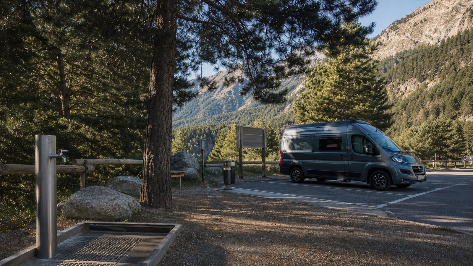 Área de servicio de montaña con sombra y acceso a agua