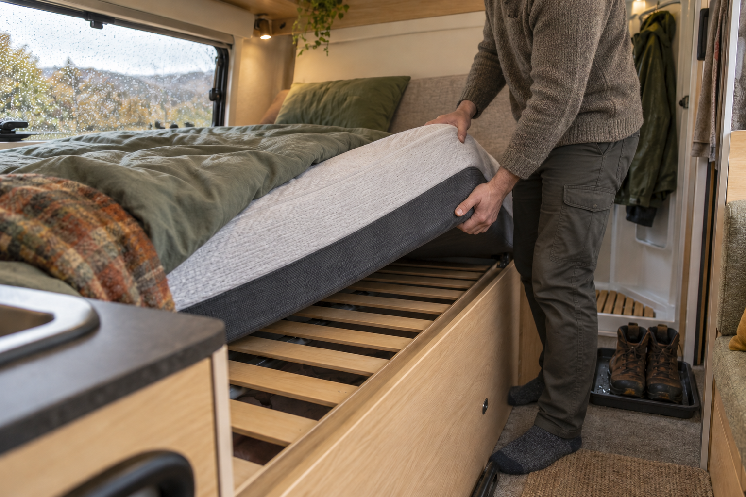 A traveller lifts one mattress corner by hand while the opposite edge stays on the slatted base.