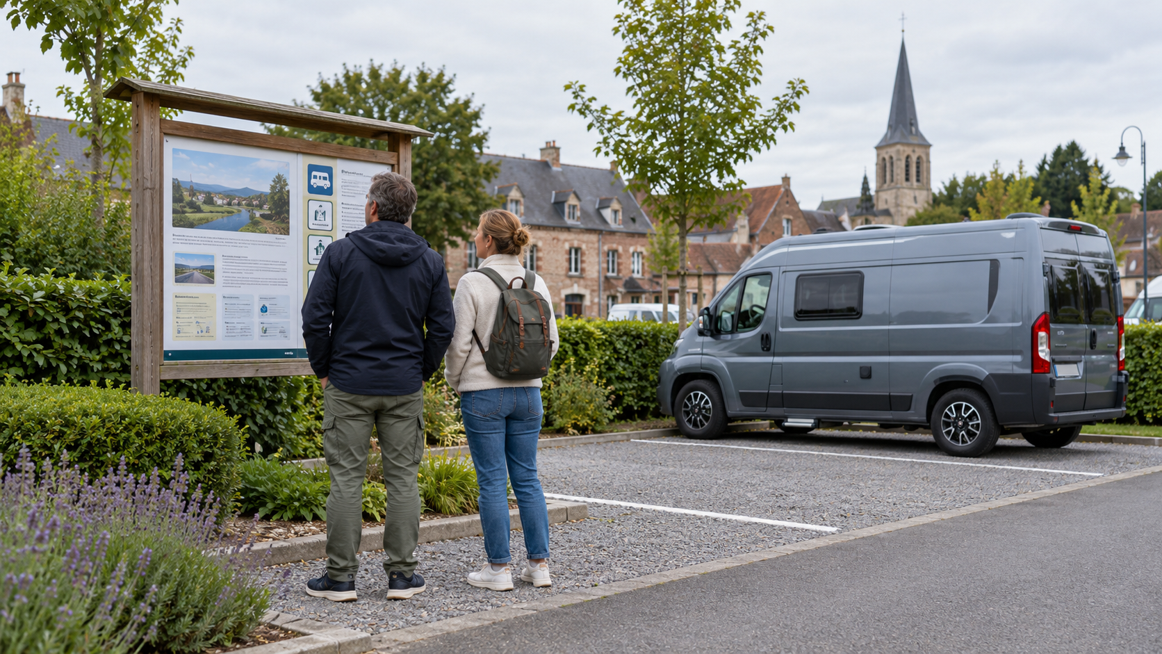 Travellers checking the rules at a designated motorhome stopover in Belgium.